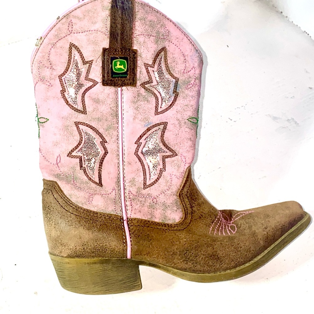 John Deere Girls Pink and Brown Glitter Cowgirl Boots size 5.5